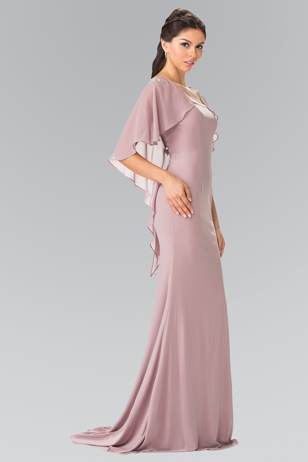 Sleeveless Jersey Long Dress with Attached Cape that Drapes Down the Back GLGL2254 Elsy Style MOTHER OF BRIDE