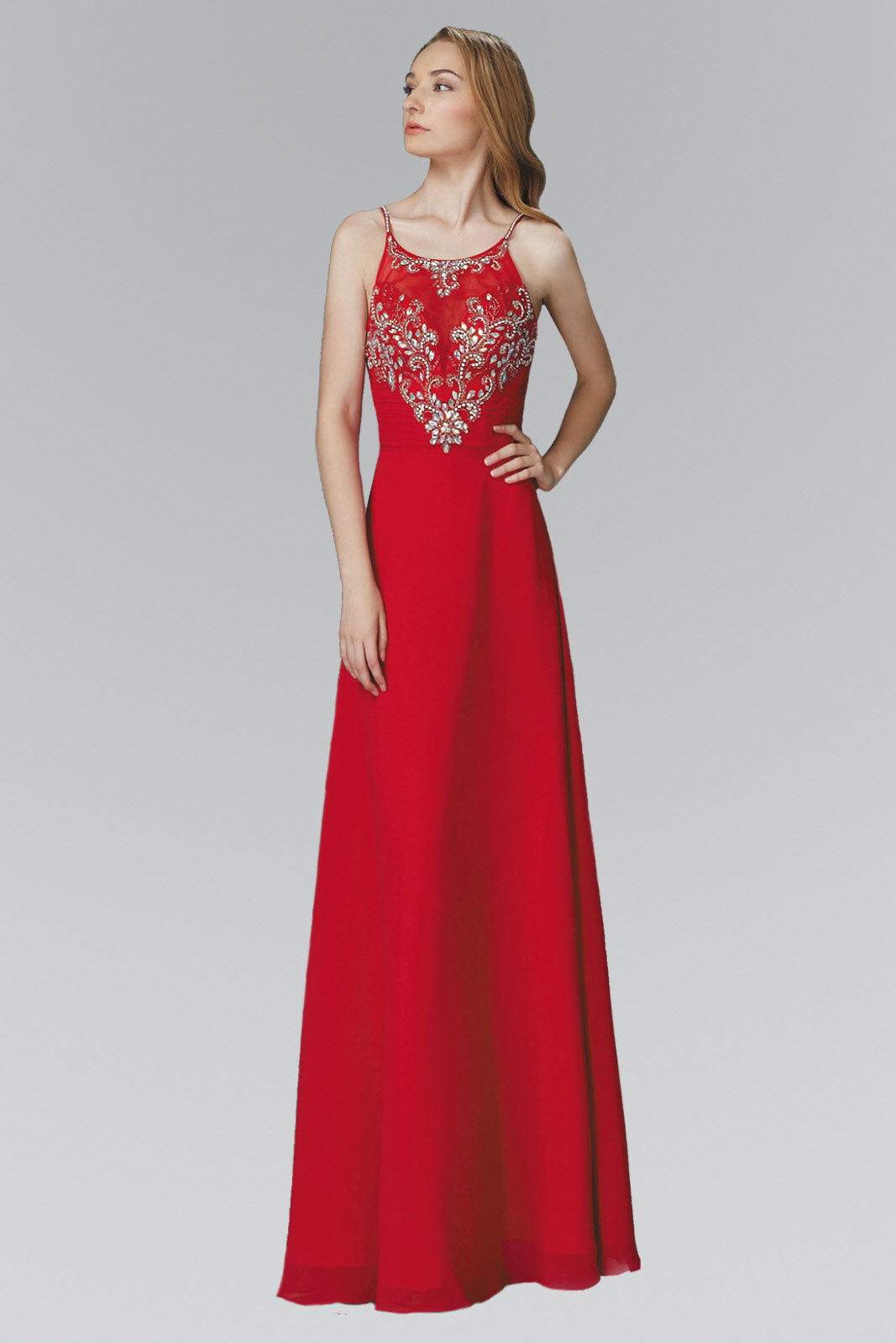 Spaghetti Straps Long Chiffon Dress Accented with Bead and Jewel GLGL2027 Elsy Style PROM