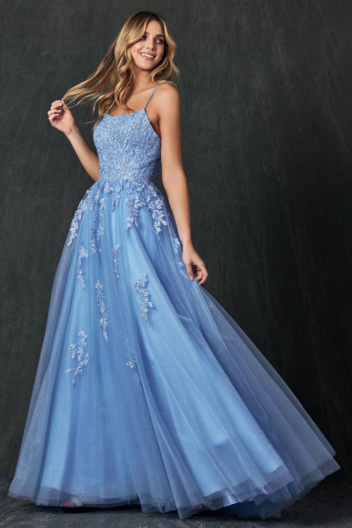 Straight Across Floral Applique Tulle Long Prom Dress JT260 Elsy Style Prom Dress
