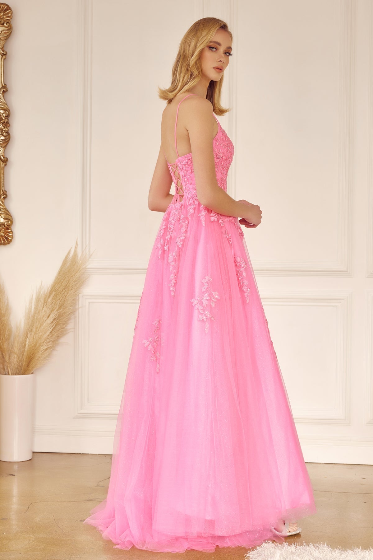 Straight Across Floral Applique Tulle Long Prom Dress JT260 Elsy Style Prom Dress