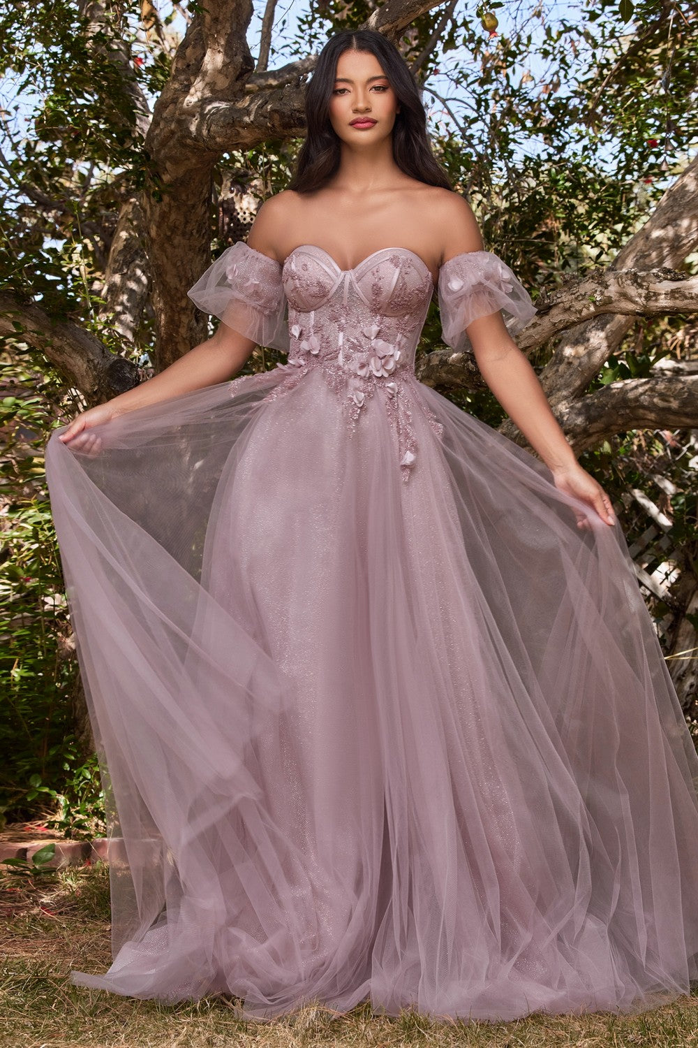 Strapless Floral Blush, Mauve, Smokey Blue Ball & Prom gown Detachable Puff Sleeves Structured Strapless Corset Vintage Dress CDCB080 Elsy Style Prom Dress