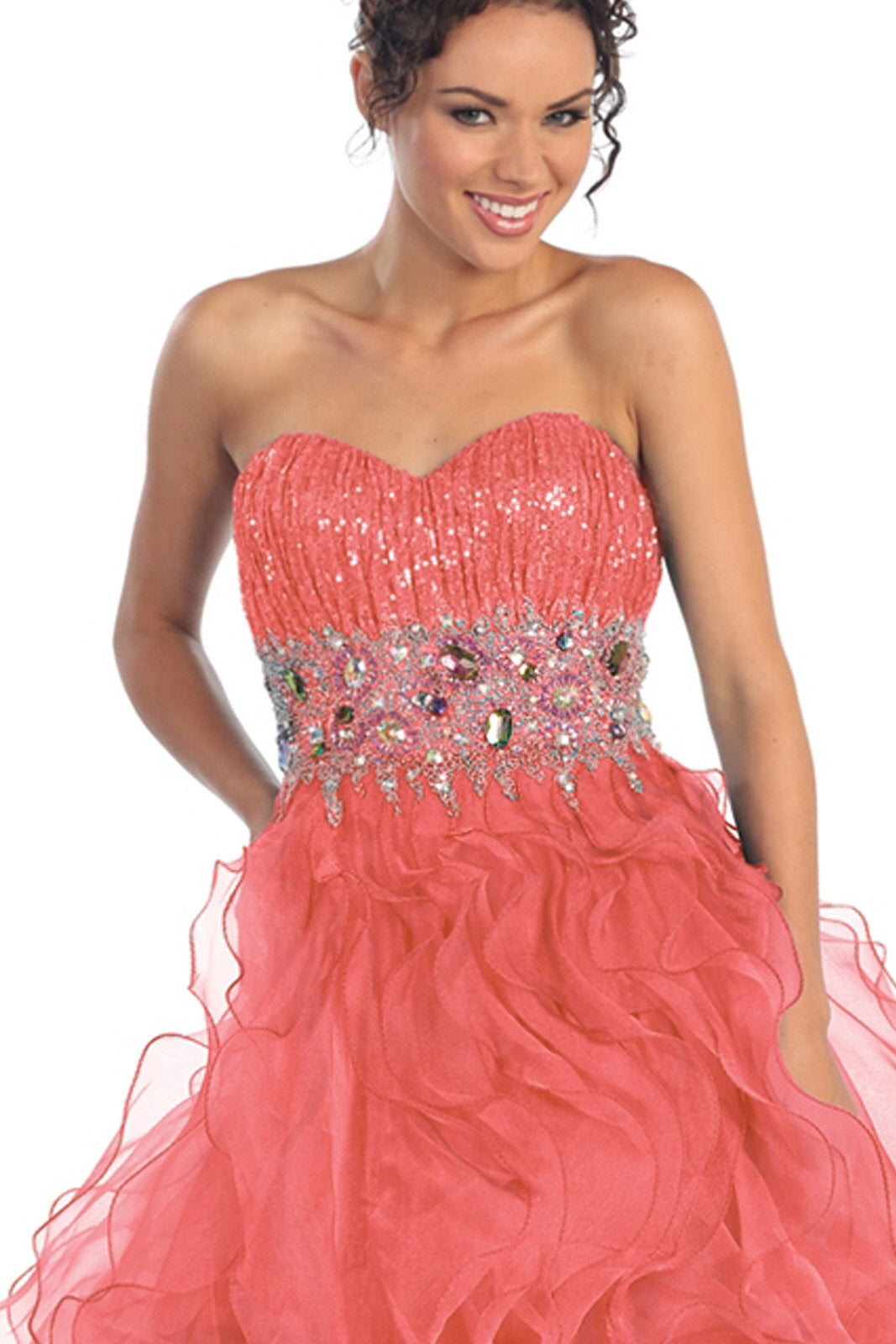 Strapless Sweetheart Organza Long Ruffle Dress with Jeweled Bodice GLGL1026 Elsy Style PROM