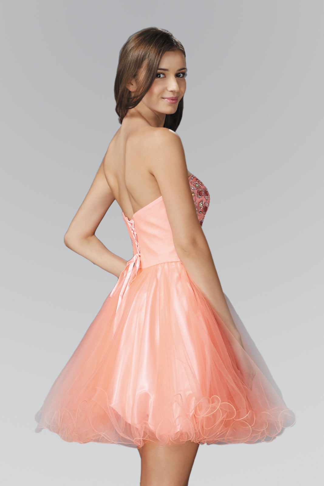 Strapless Sweetheart Tulle Short Dress with Jewel Embellished Bodice and Corset Back Detailing GLGS2132 Elsy Style HOMECOMING
