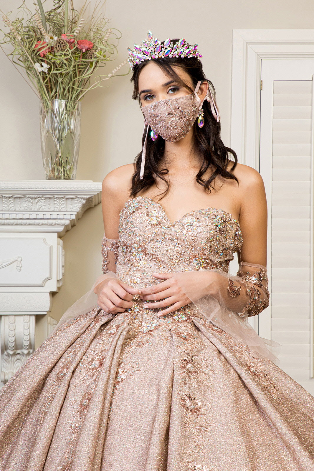Sweethearted Ruffle Tail Quinceanera Dress Detached Mesh Sleeve - Mask Not Included GLGL1912 Elsy Style QUINCEANERA