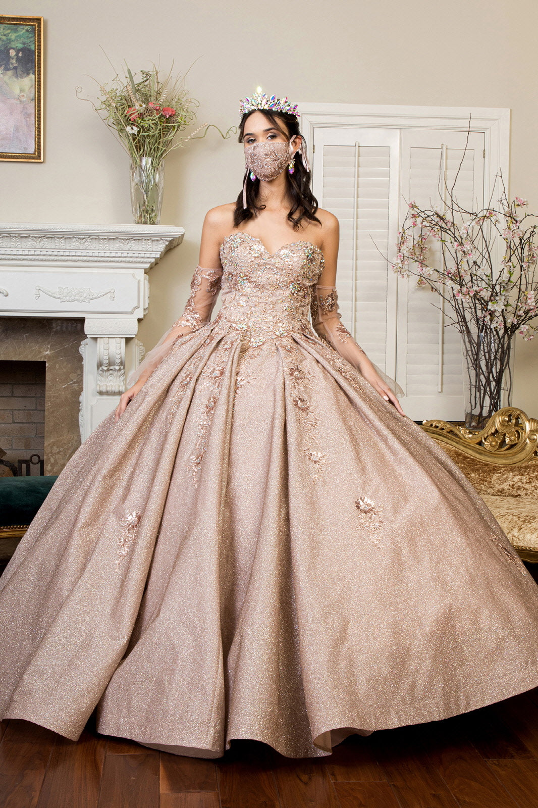 Sweethearted Ruffle Tail Quinceanera Dress Detached Mesh Sleeve - Mask Not Included GLGL1912 Elsy Style QUINCEANERA