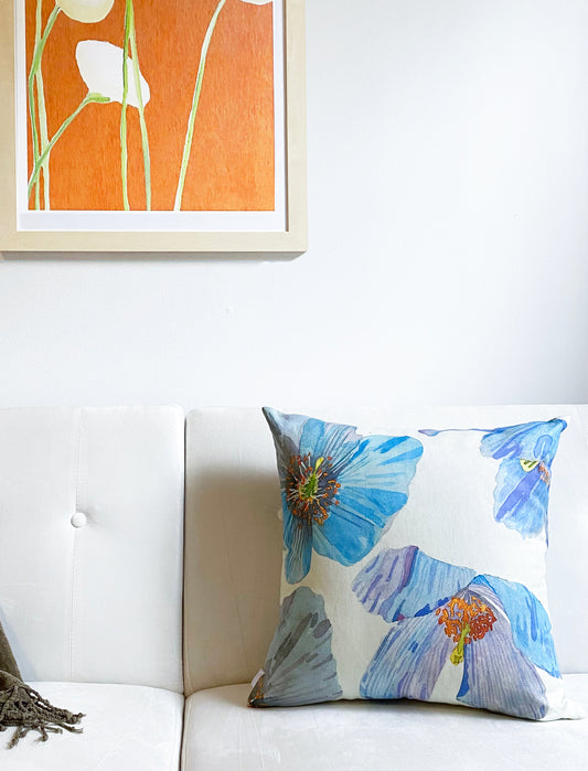 Throw Pillow: Himalayan Blue Poppies on Ecru