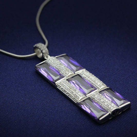 TS026 - Rhodium 925 Sterling Silver Chain Pendant with AAA Grade CZ  in Amethyst Elsy Style Chain Pendant