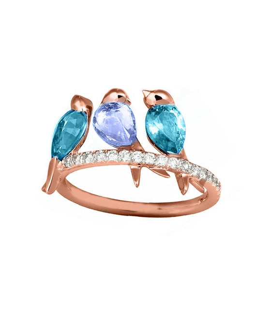 Three Little Birdys With Austrian Crystals Blue in 18K Rose Gold Plated ITALY Design Elsy Style Ring