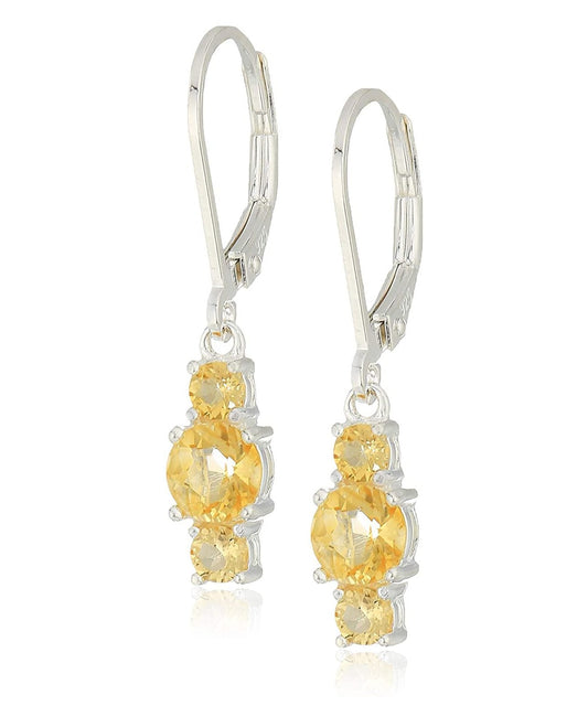 Three Stone Leverback Dangle With Austrian Crystals - Citrine in 18K White Gold Plated ITALY Design Elsy Style Earring