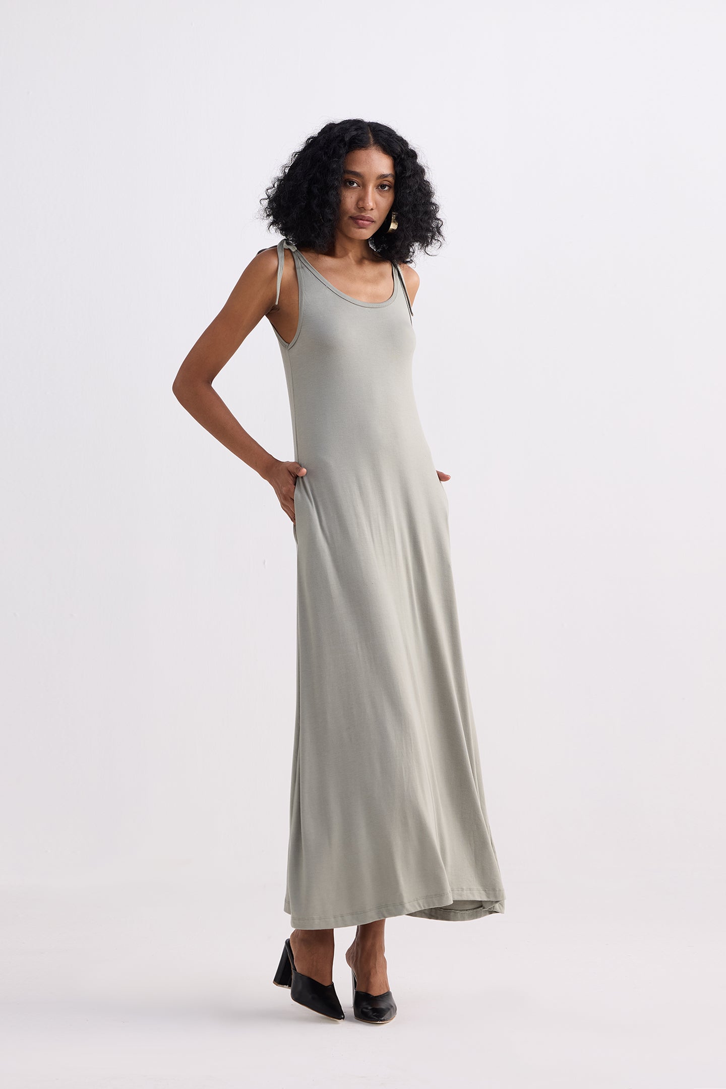Tie-Detail Maxi Dress in Light Olive