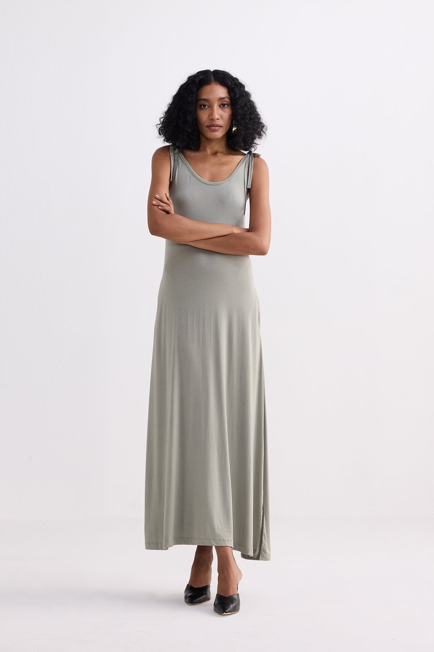 Tie-Detail Maxi Dress in Light Olive