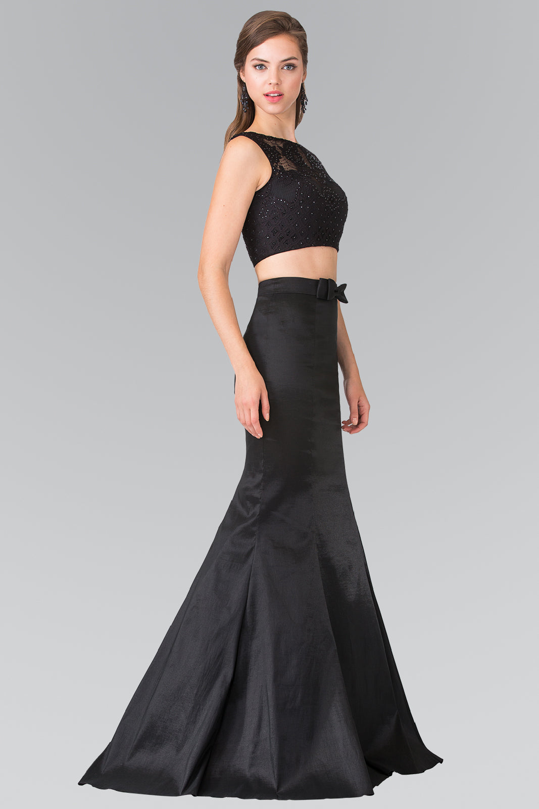 Two Piece Taffeta Long Dress Accented with Ribbon Waist and Lace Top GLGL2354 Elsy Style PROM