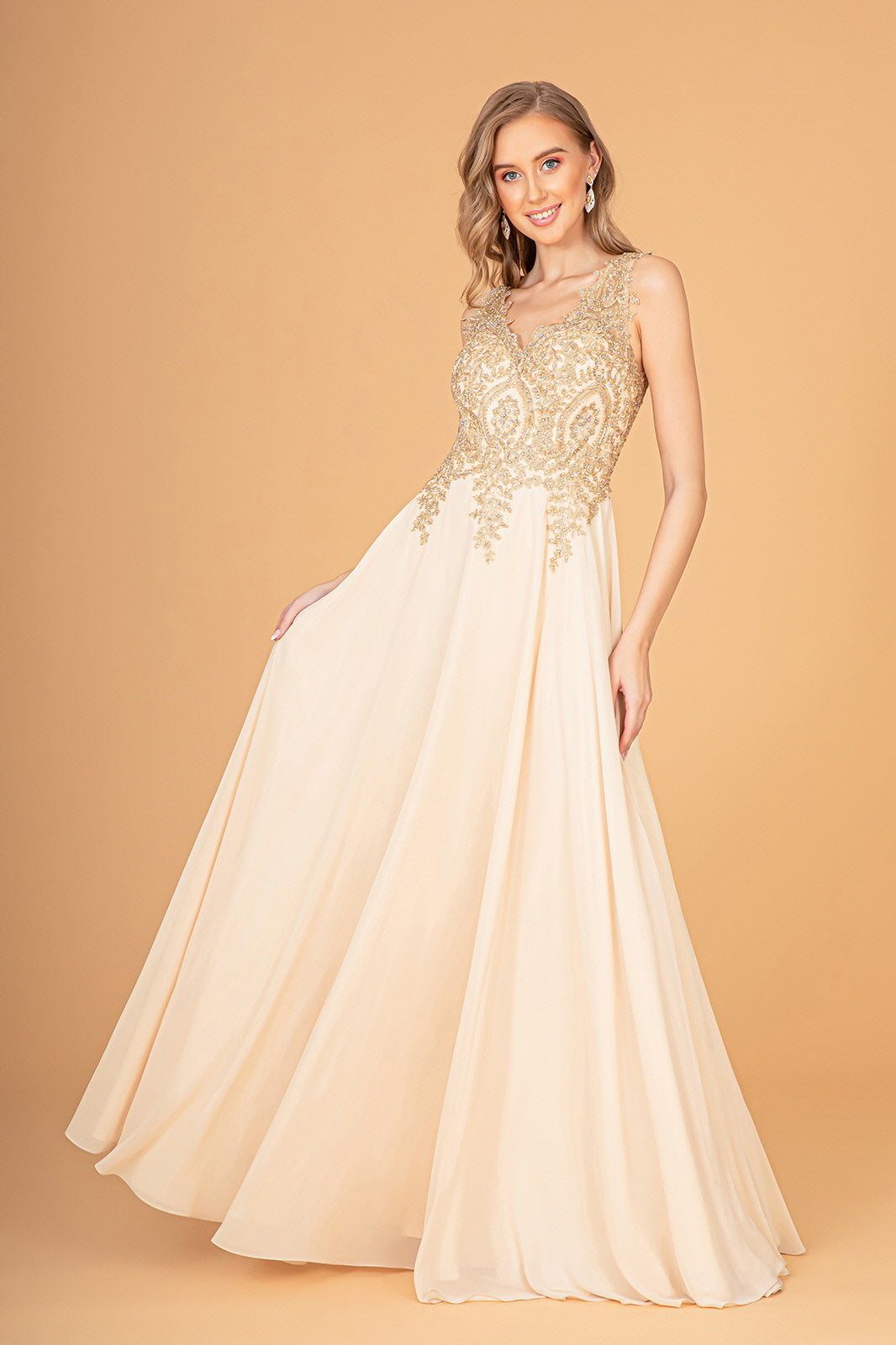 V-Neck Embroidered Chiffon Long Dress GLGL2311 Elsy Style PROM