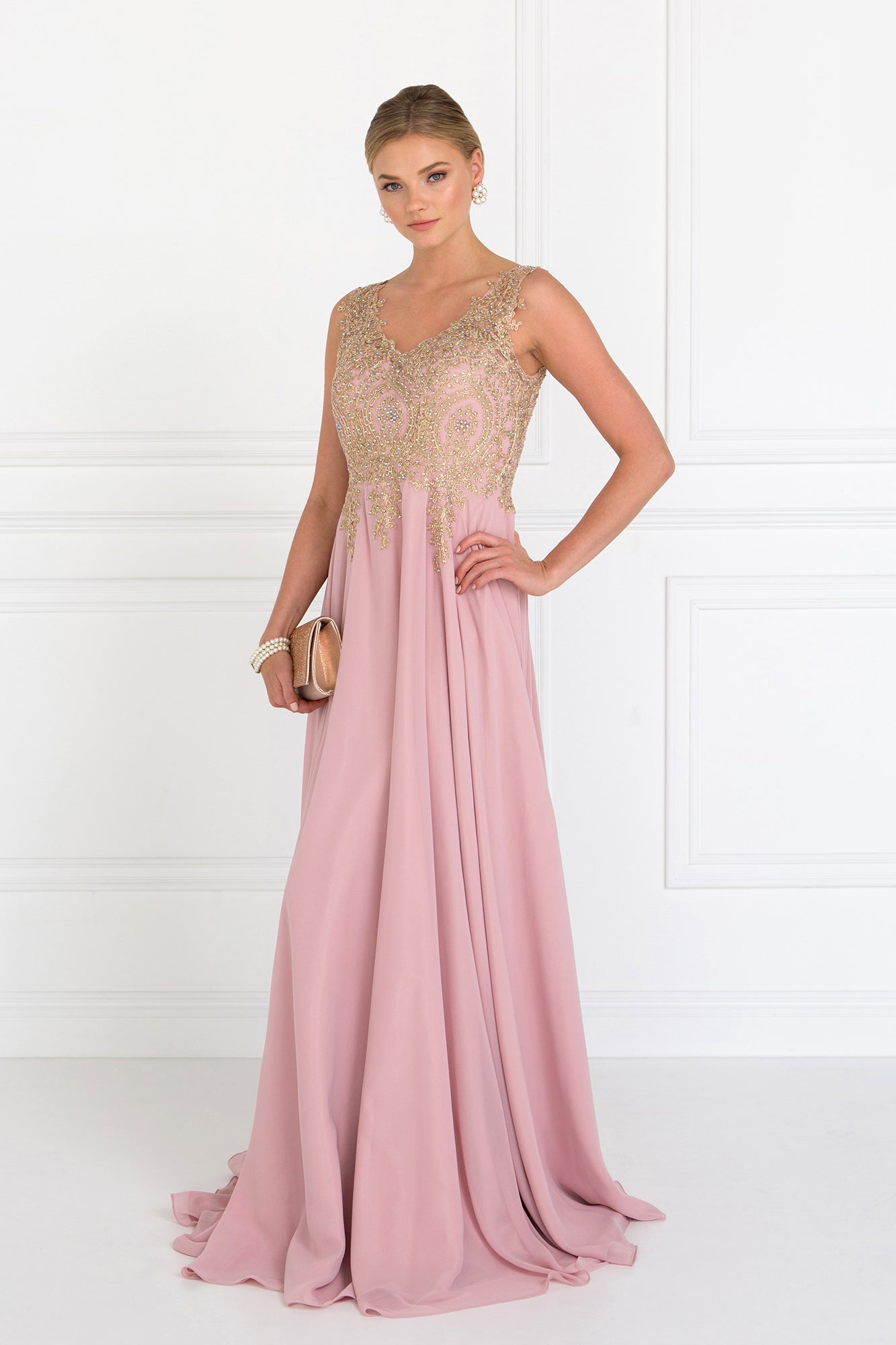 V-Neck Embroidered Chiffon Long Dress GLGL2311 Sale Elsy Style PROM
