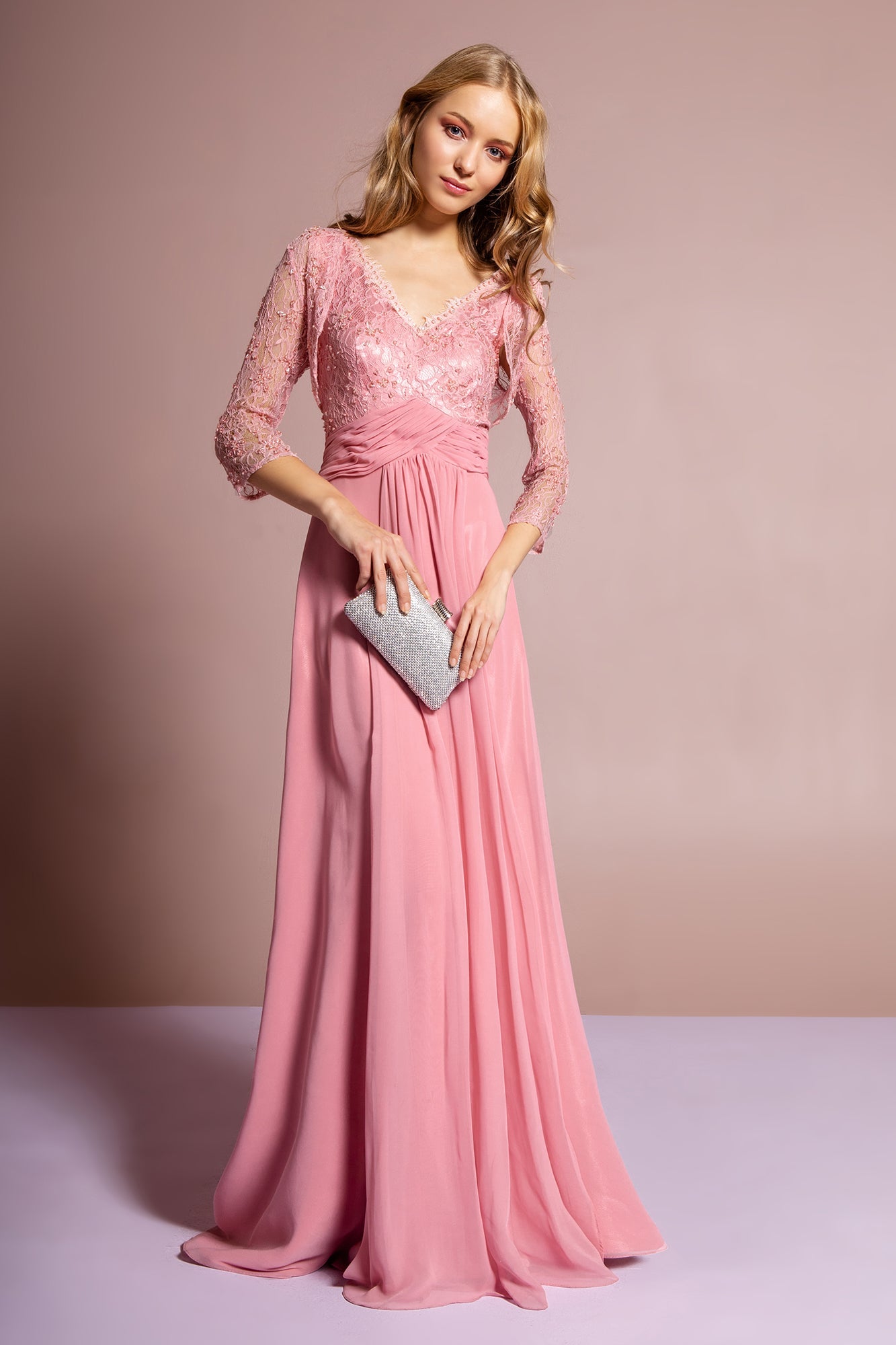 V-Neck Floor Length Dress with Long Sleeve Lace Bolero Cardigan GLGL1397 Elsy Style MOTHER OF BRIDE