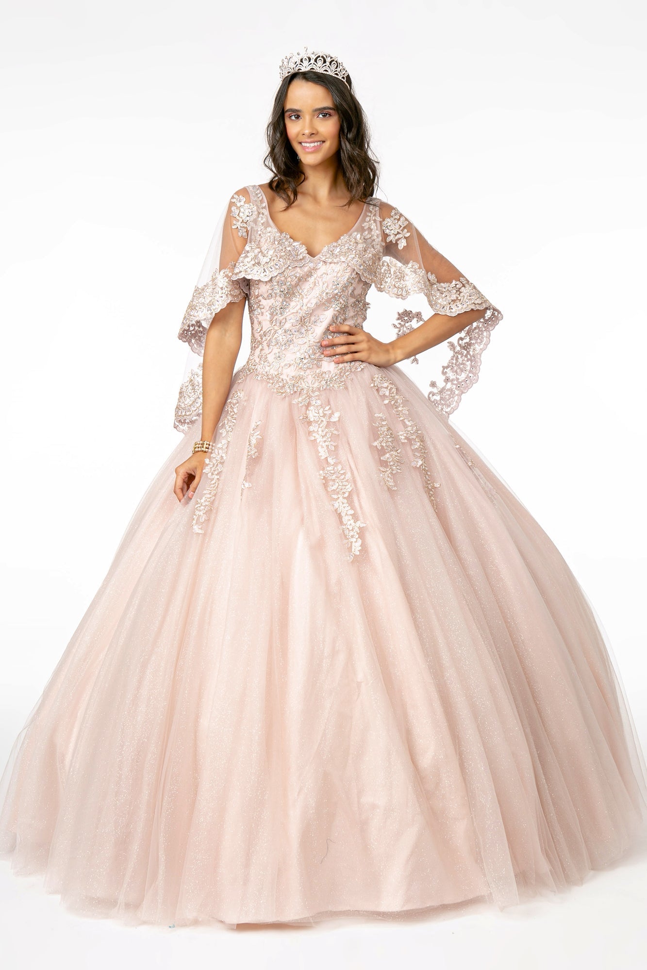 V-Neck Glitter Mesh Ball Gown Cape Sleeve GLGL2800 Elsy Style QUINCEANERA