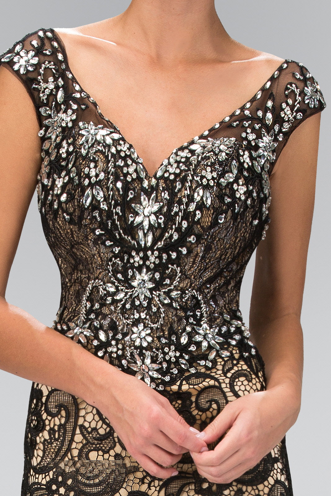V-Neck Lace Embellished Long Dress with Jewel Detailing GLGL2059 Elsy Style PROM