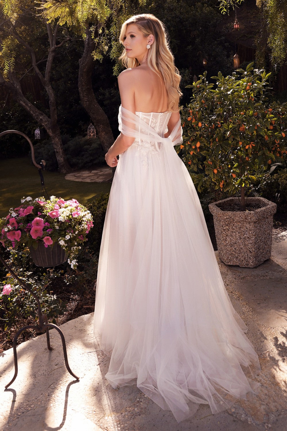 Valeria Tulle Modern Wedding Gown Off Shoulder Vintage Embroidered Bodice Fabulous Train and Hem with High Leg Slit CDA1036W Elsy Style Wedding Dresses
