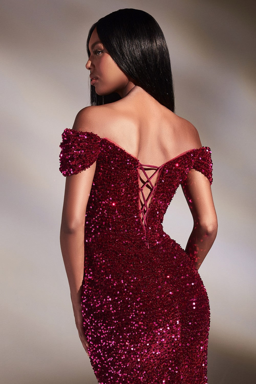 Velvet Sequins Trumpet Prom & Bridesmaid Luxury Gown Off the soulder Open Back Strapless Bodice Fully Sequined Sexy Slit Dress CDCA109 Elsy Style Prom Dress