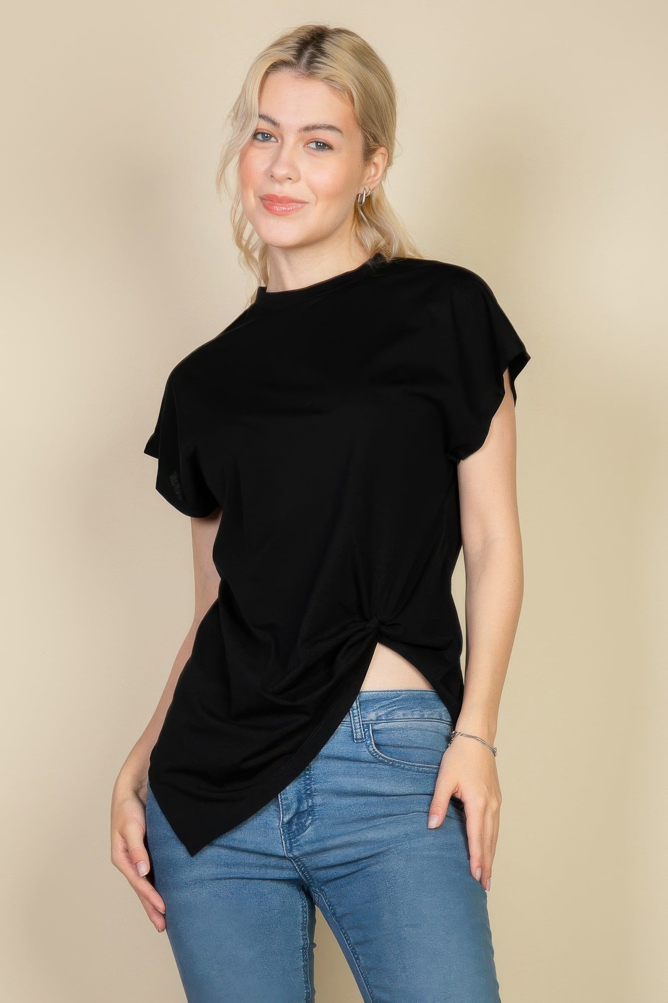 Batwing Sleeve Twist Front Tee Black