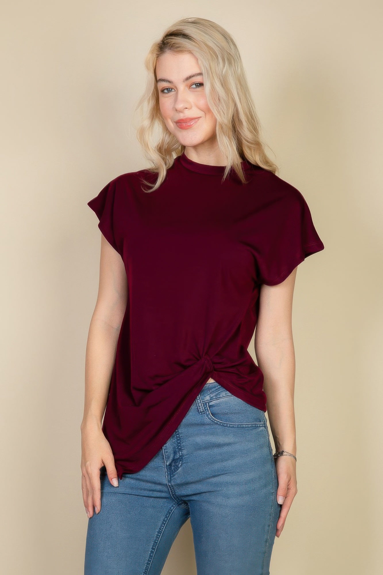 Batwing Sleeve Twist Front Tee Burgundy