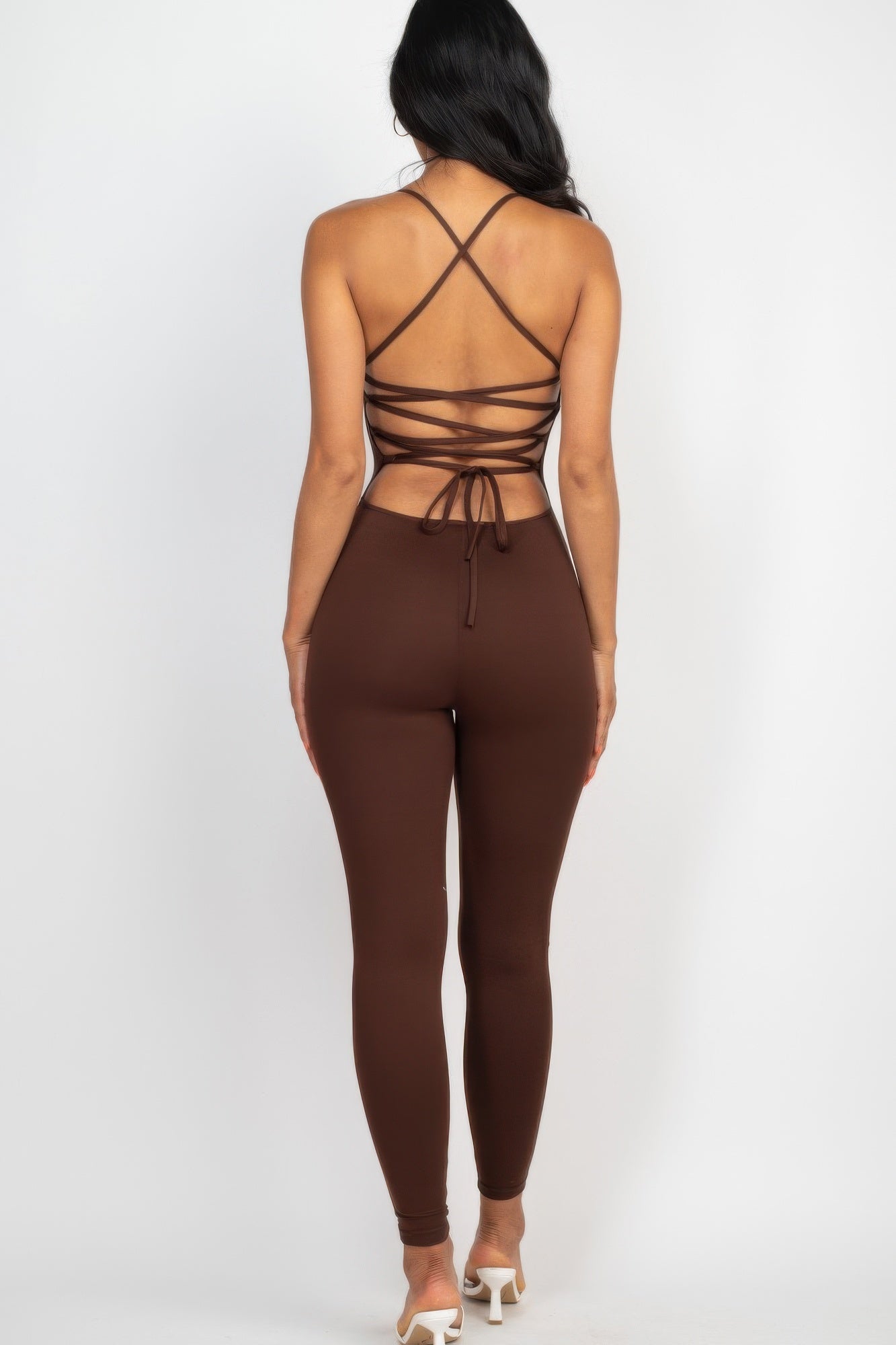 Criss-cross Open Back Bodycon Jumpsuit Coffee