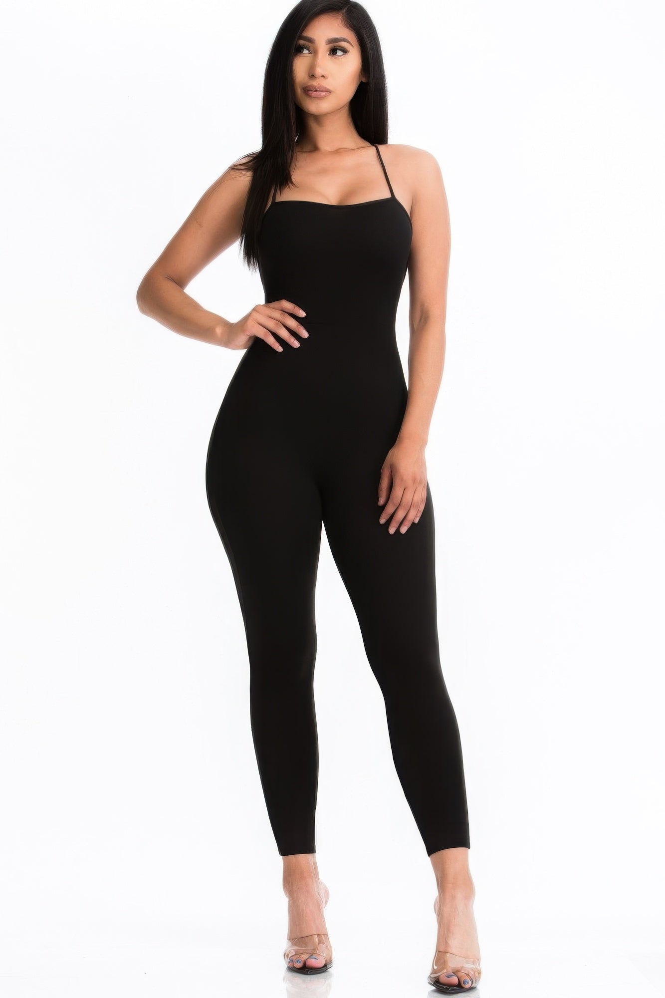 Criss-cross Open Back Bodycon Jumpsuit Black