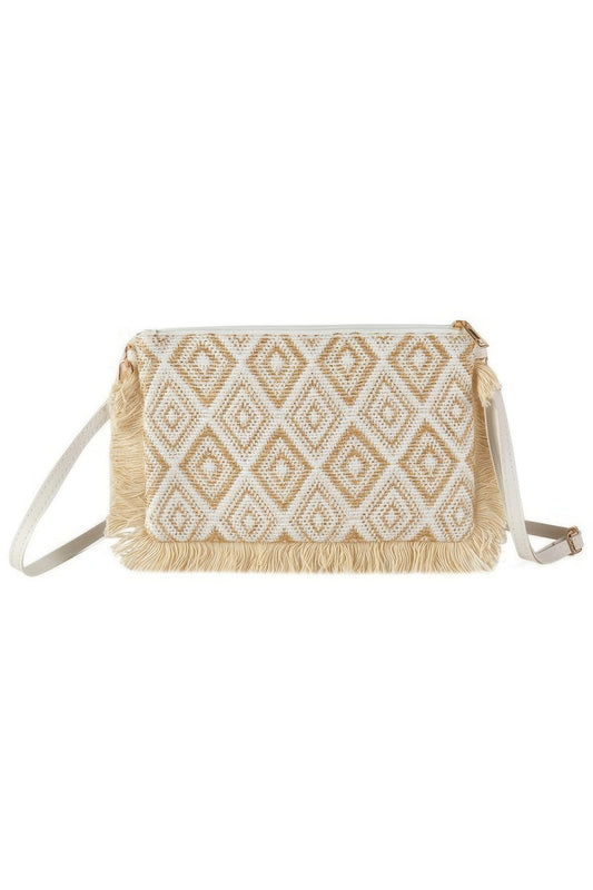 Diamond Checker Tassel Edge Crossbody Bag Ivory