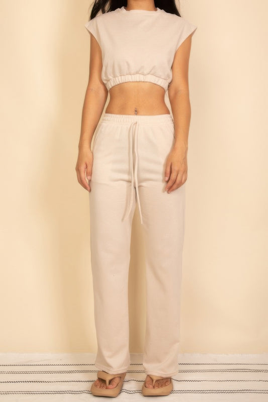 Elastic Hem Crop Top & Wide Leg Pants Set With Faux Drawstring Sand Beige