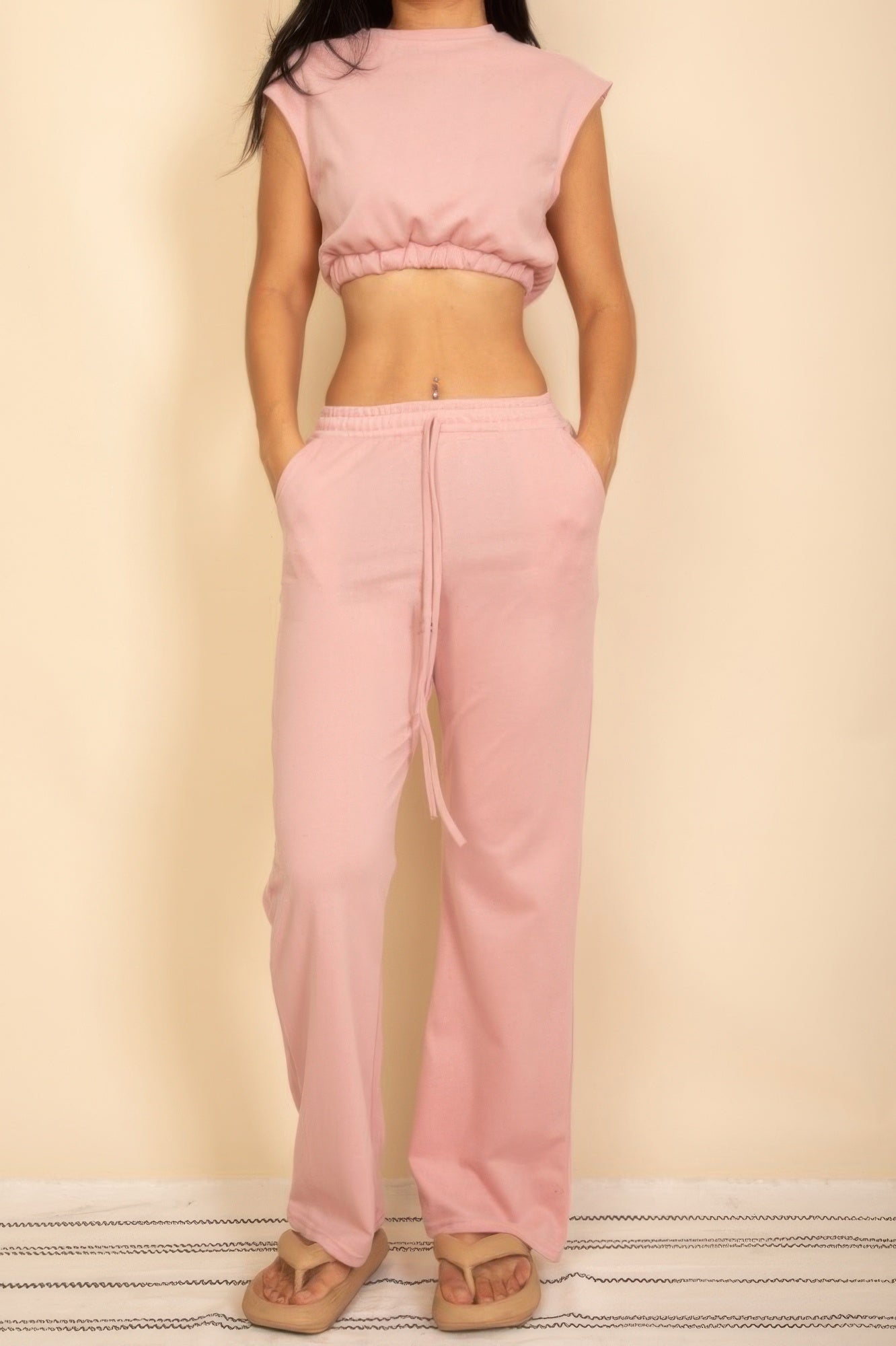 Elastic Hem Crop Top & Wide Leg Pants Set With Faux Drawstring Dusty Pink