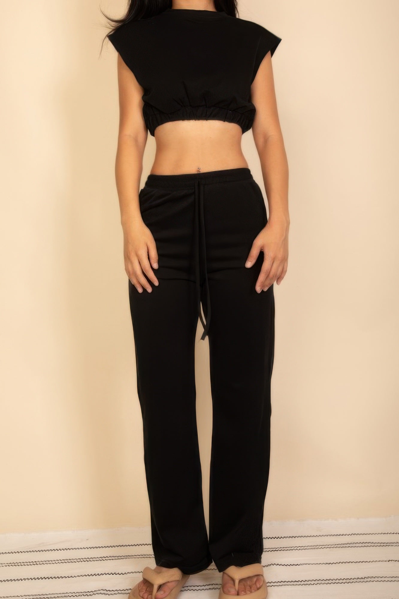 Elastic Hem Crop Top & Wide Leg Pants Set With Faux Drawstring Black