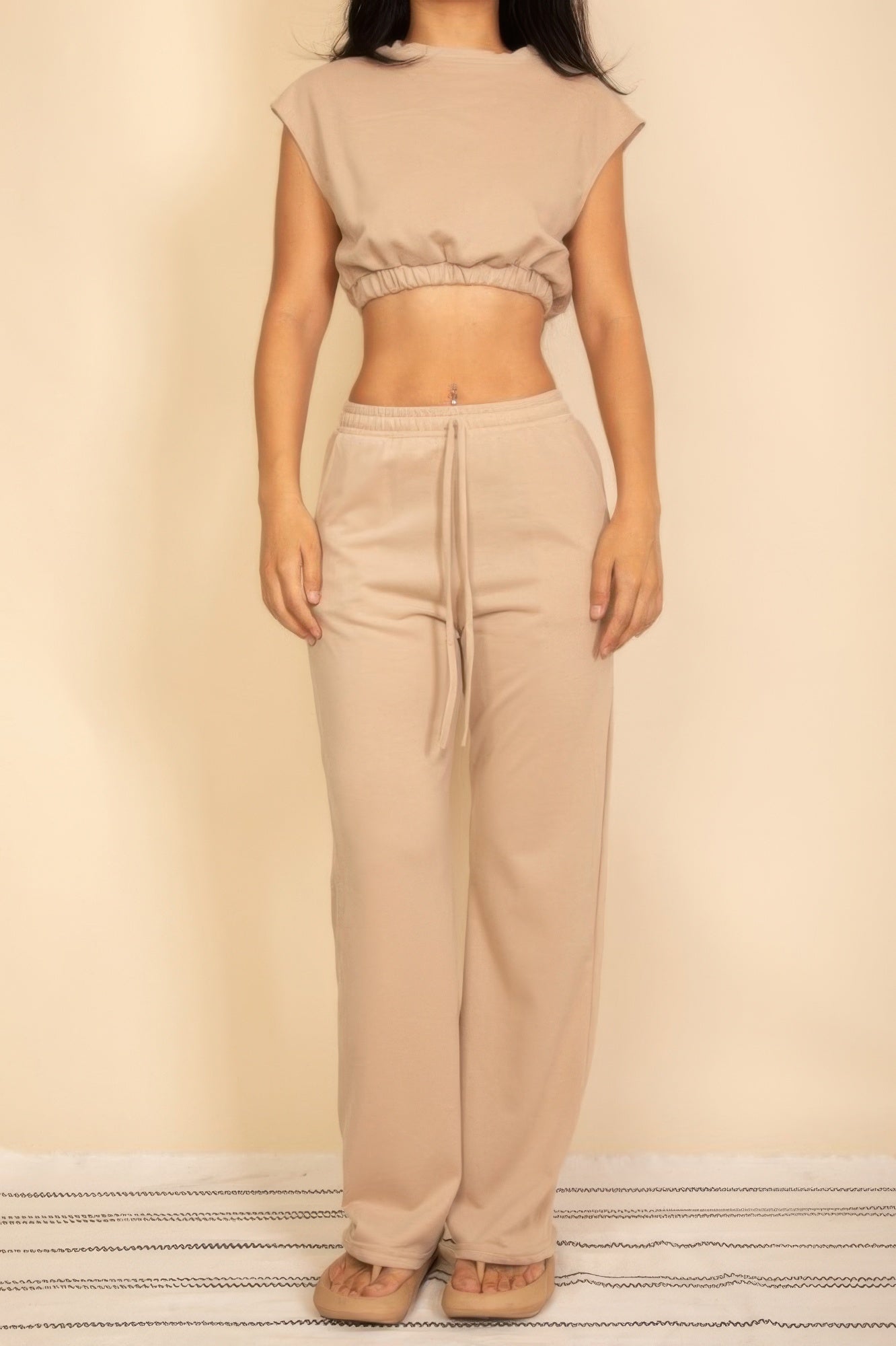 Elastic Hem Crop Top & Wide Leg Pants Set With Faux Drawstring Taupe
