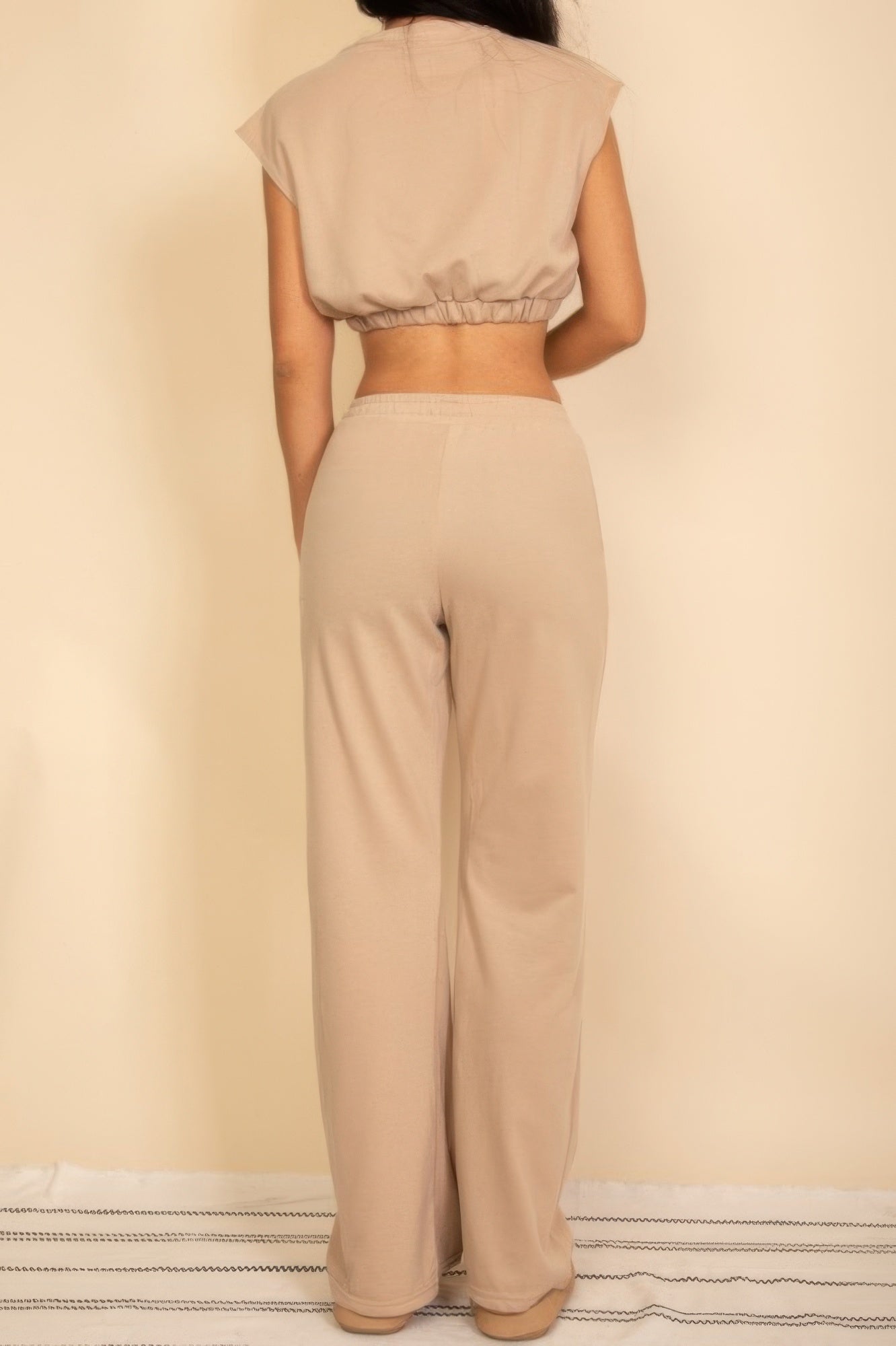 Elastic Hem Crop Top & Wide Leg Pants Set With Faux Drawstring