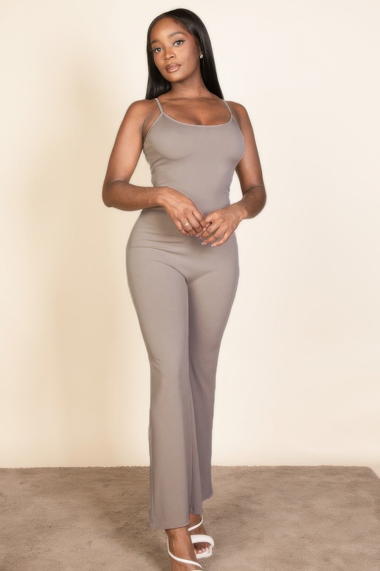 Ribbed Sleeveless Wide Leg Jumpsuit Taupe