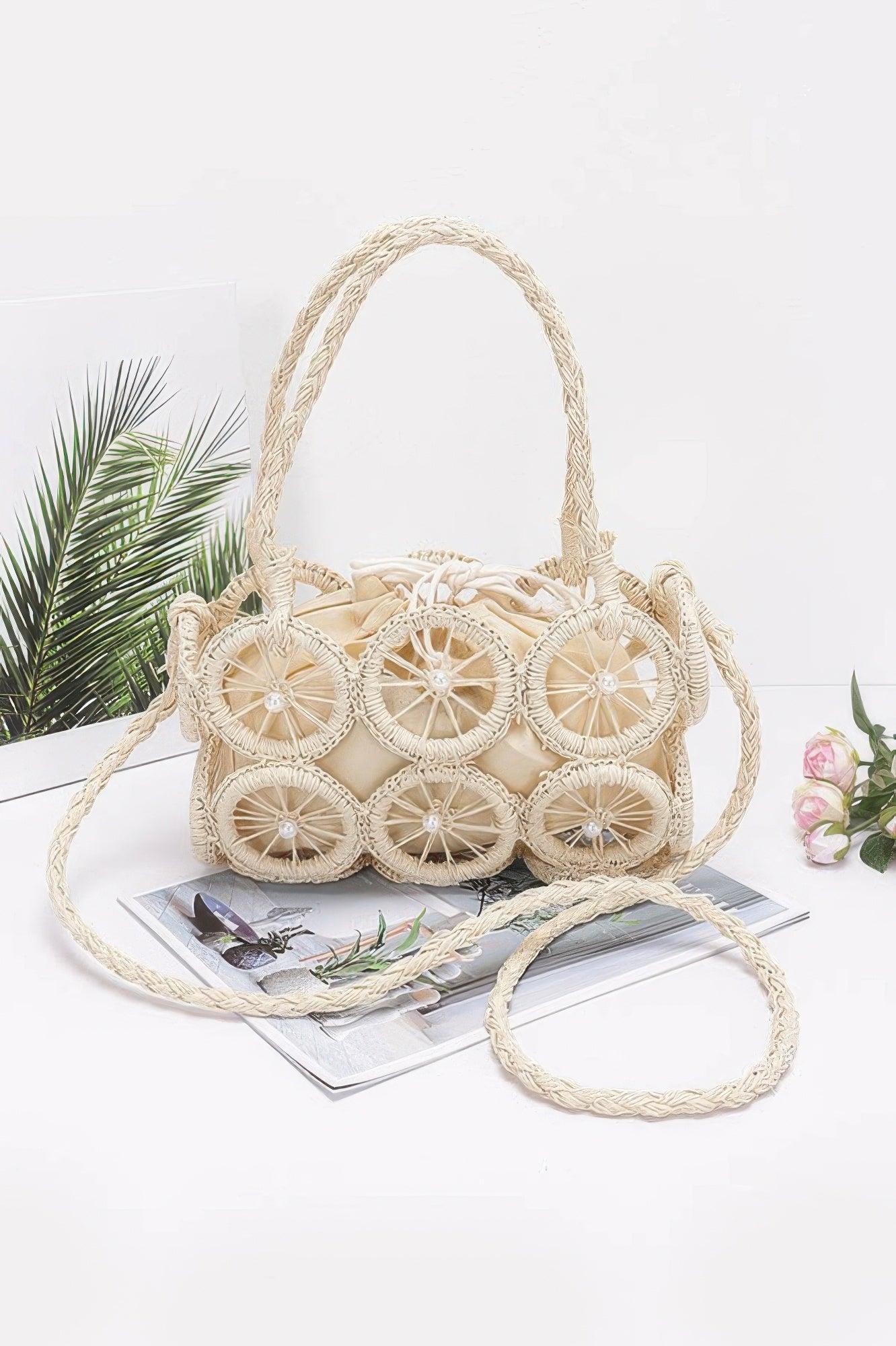 Faux Straw Multi Round Handmade Crossbody Bag Ivory
