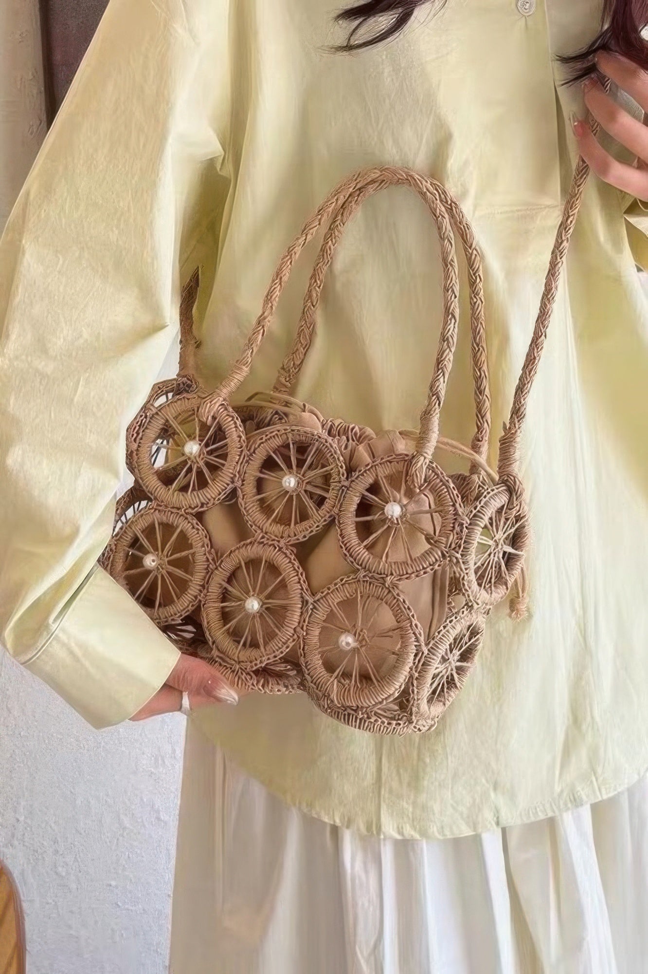 Faux Straw Multi Round Handmade Crossbody Bag Khaki