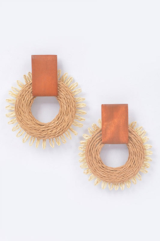 Faux Straw Round Earring Khaki