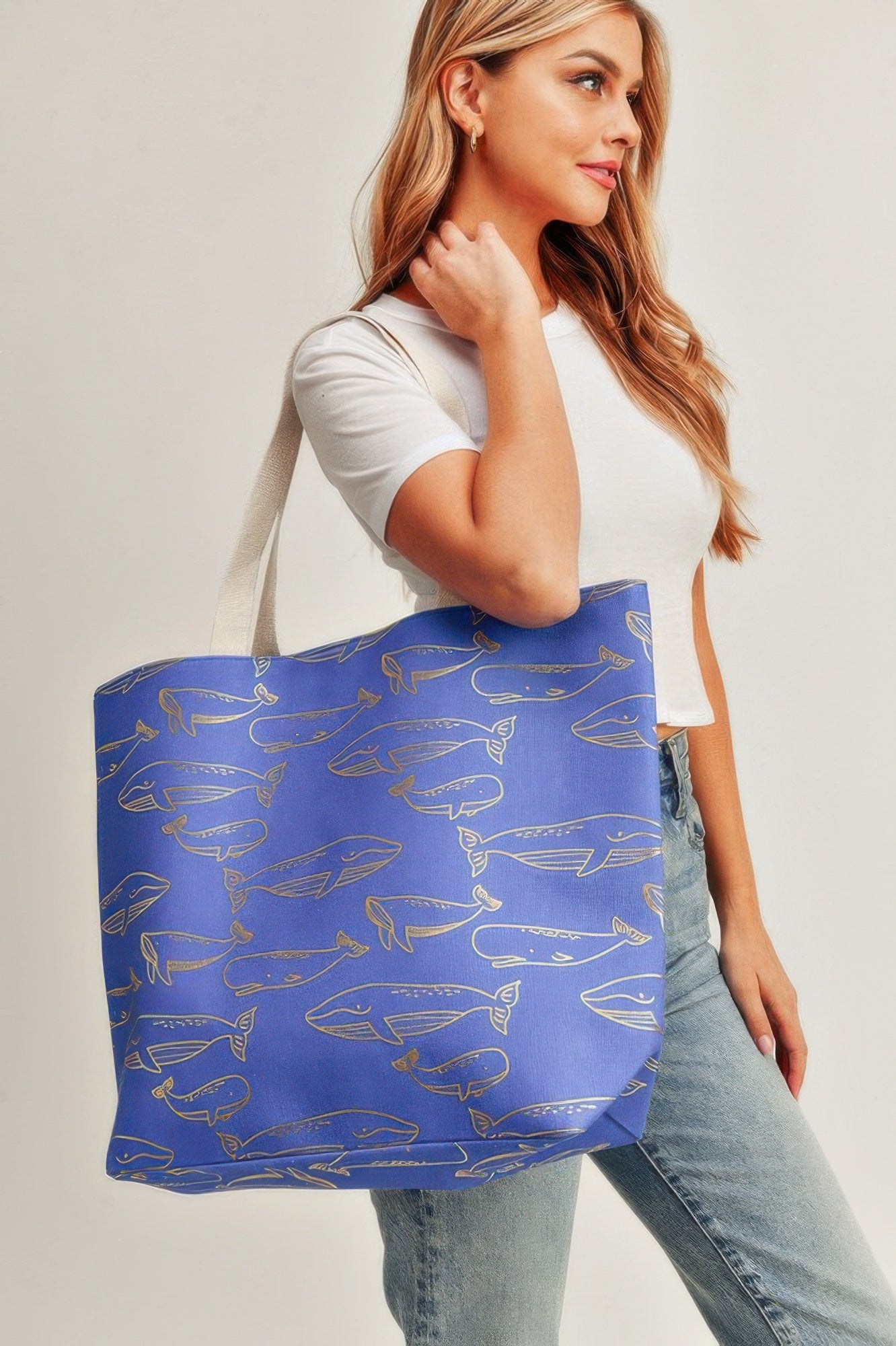 Gold Foil Whale Tote Bag Royal blue