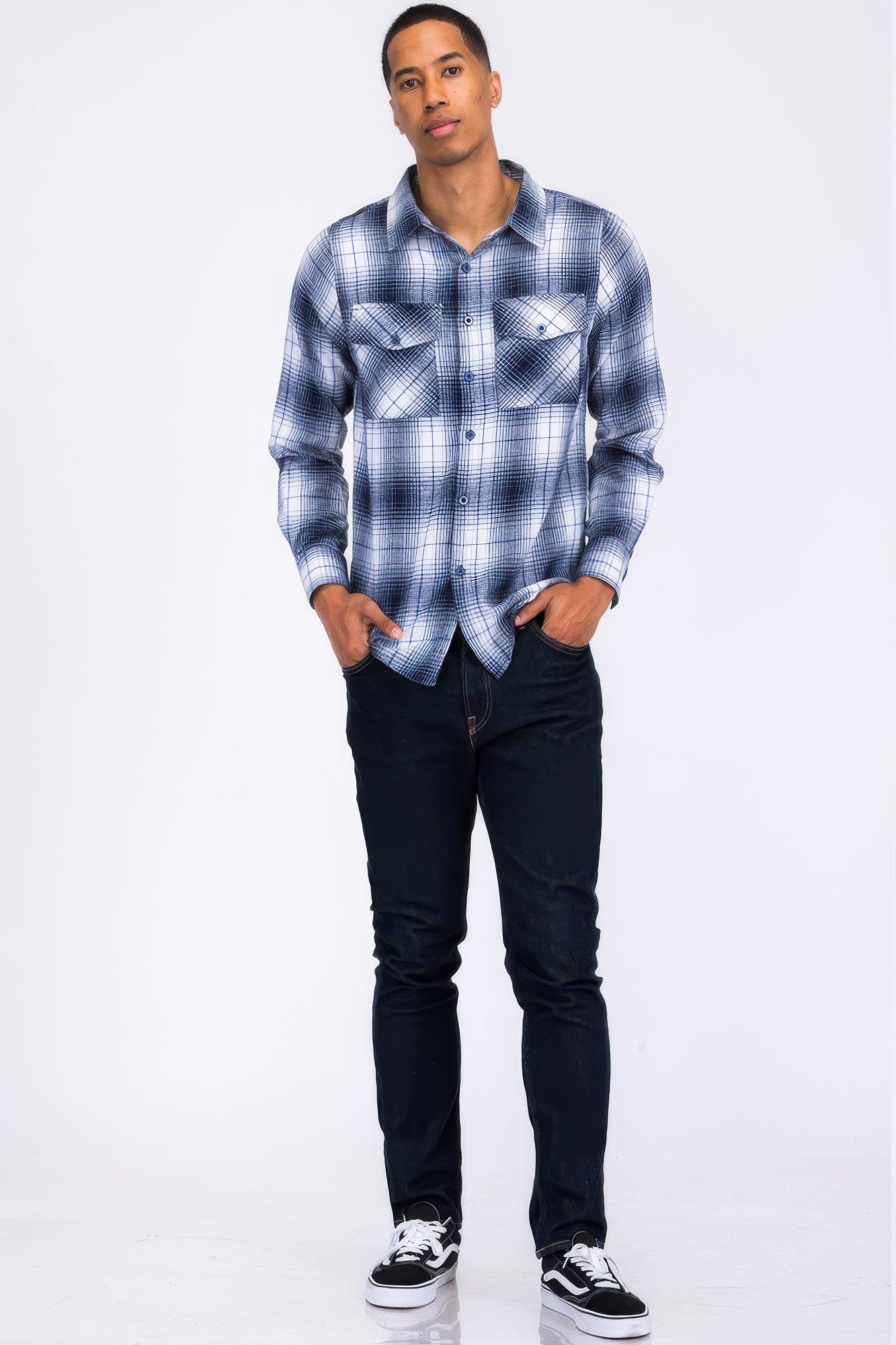 Regular Fit Checker Plaid Flannel Long Sleeve Navy White