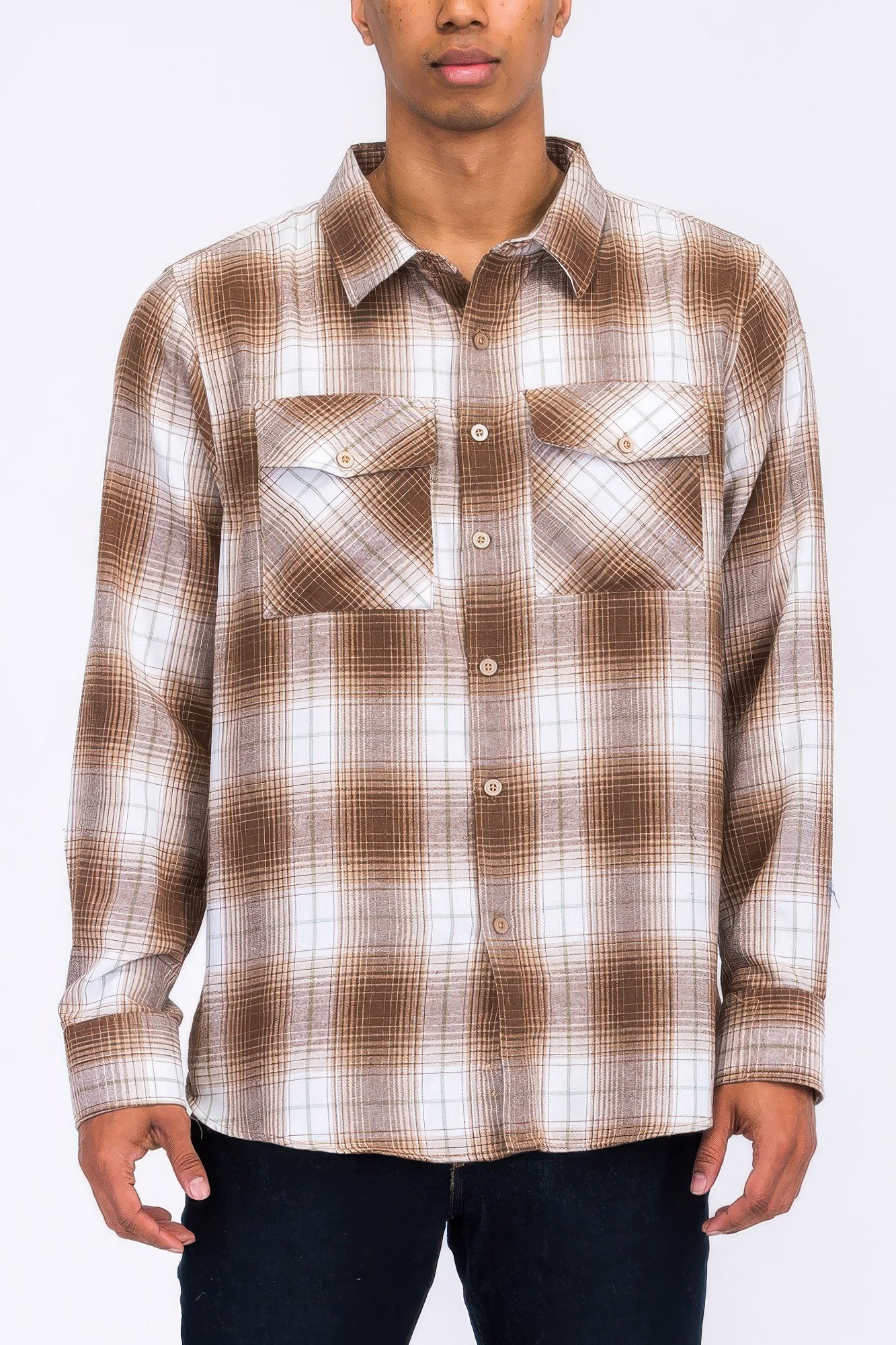 Regular Fit Checker Plaid Flannel Long Sleeve Khaki White