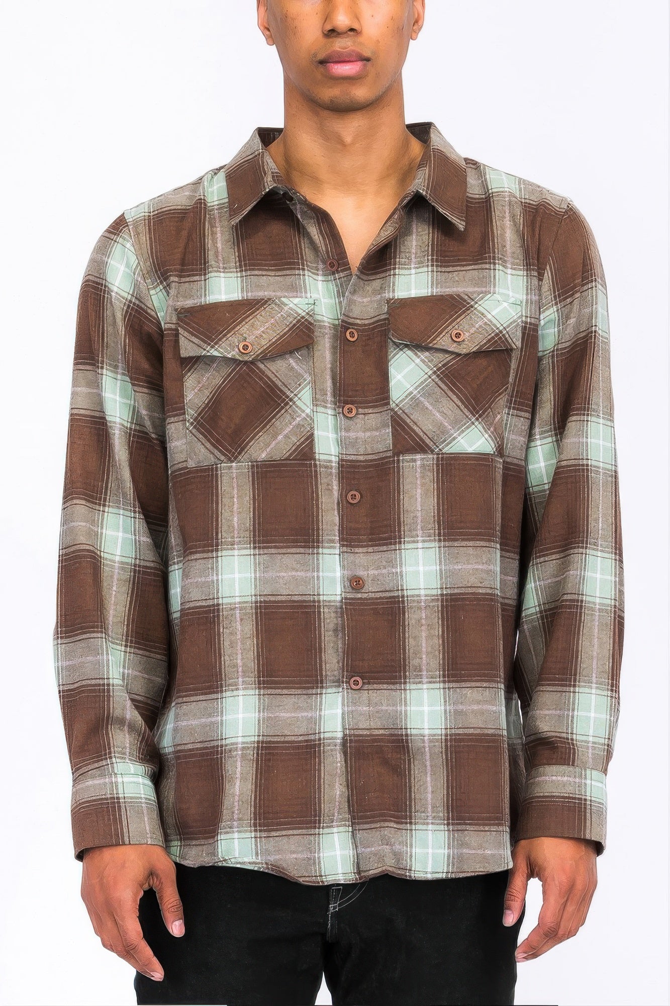 Regular Fit Checker Plaid Flannel Long Sleeve Brown Green