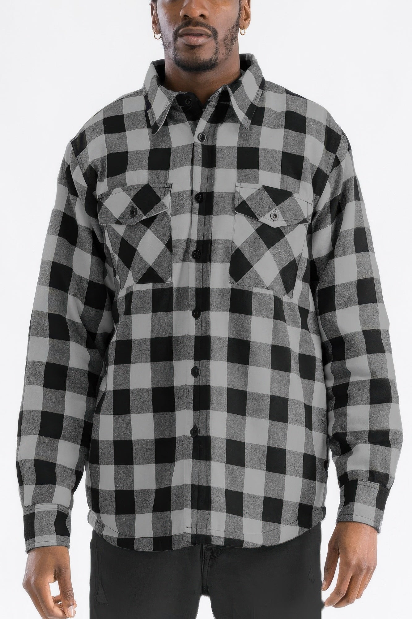 Mens Quilted Padded Flannel Black Grey