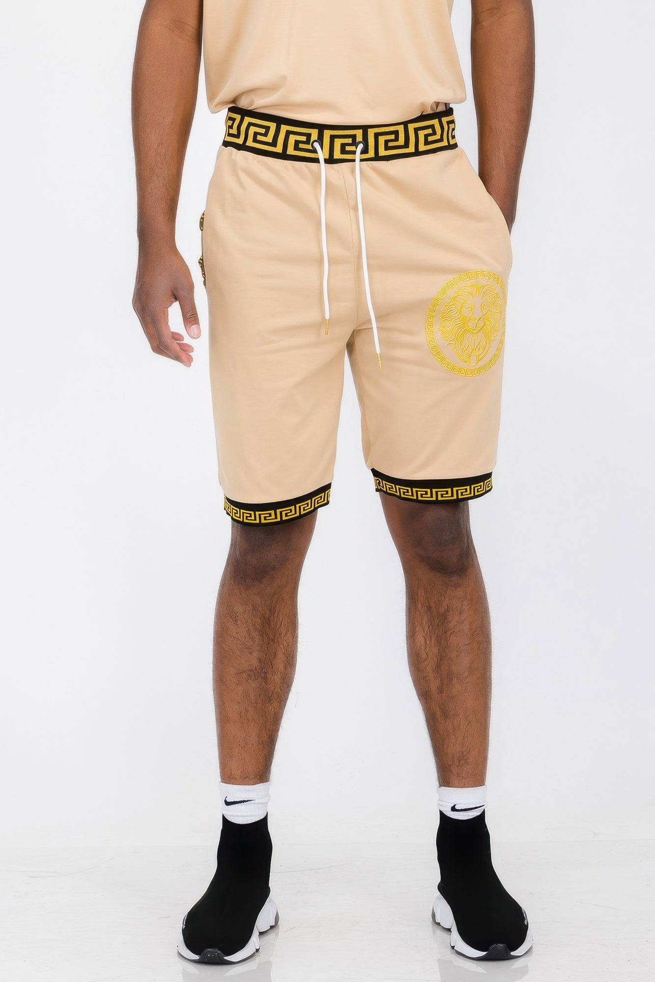 Mens Black And Gold Detail Shorts Khaki