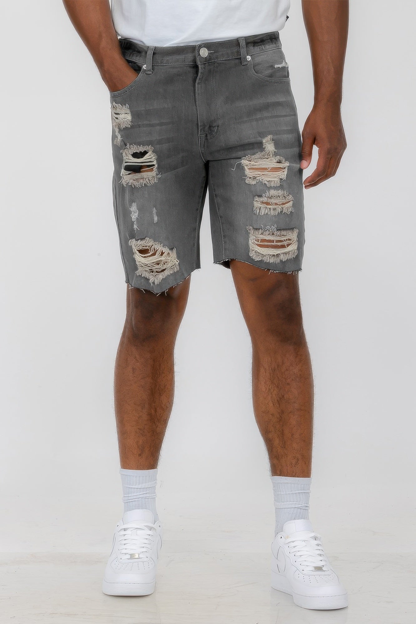 Distressed Stretch Denim Shorts Grey