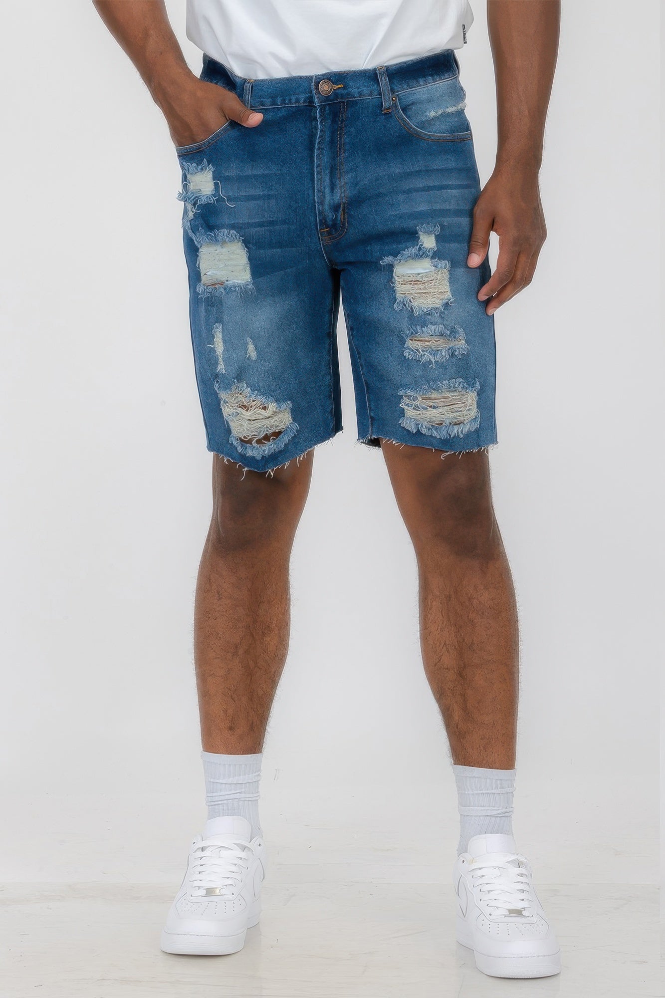 Distressed Stretch Denim Shorts Blue