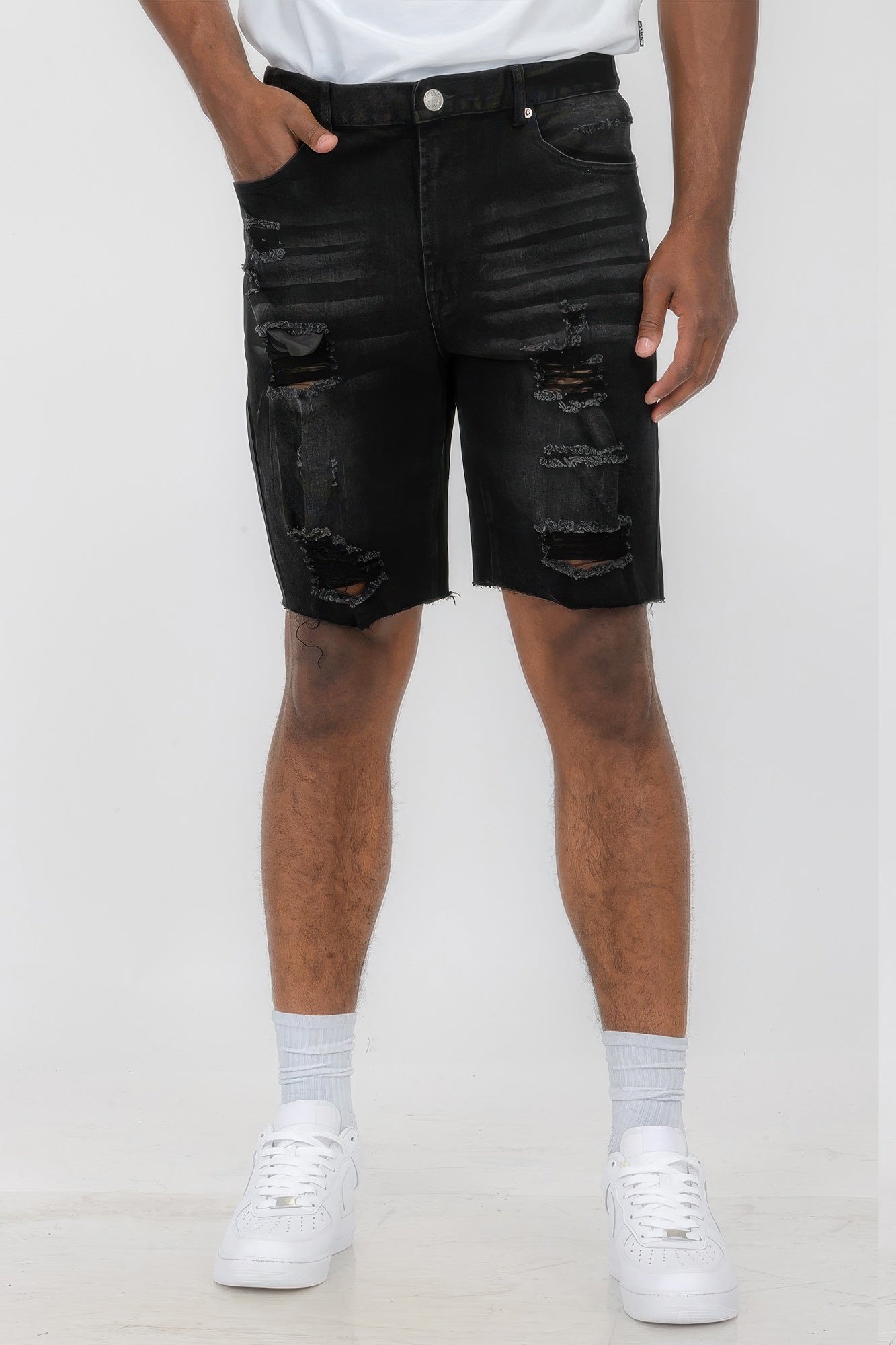 Distressed Stretch Denim Shorts Black