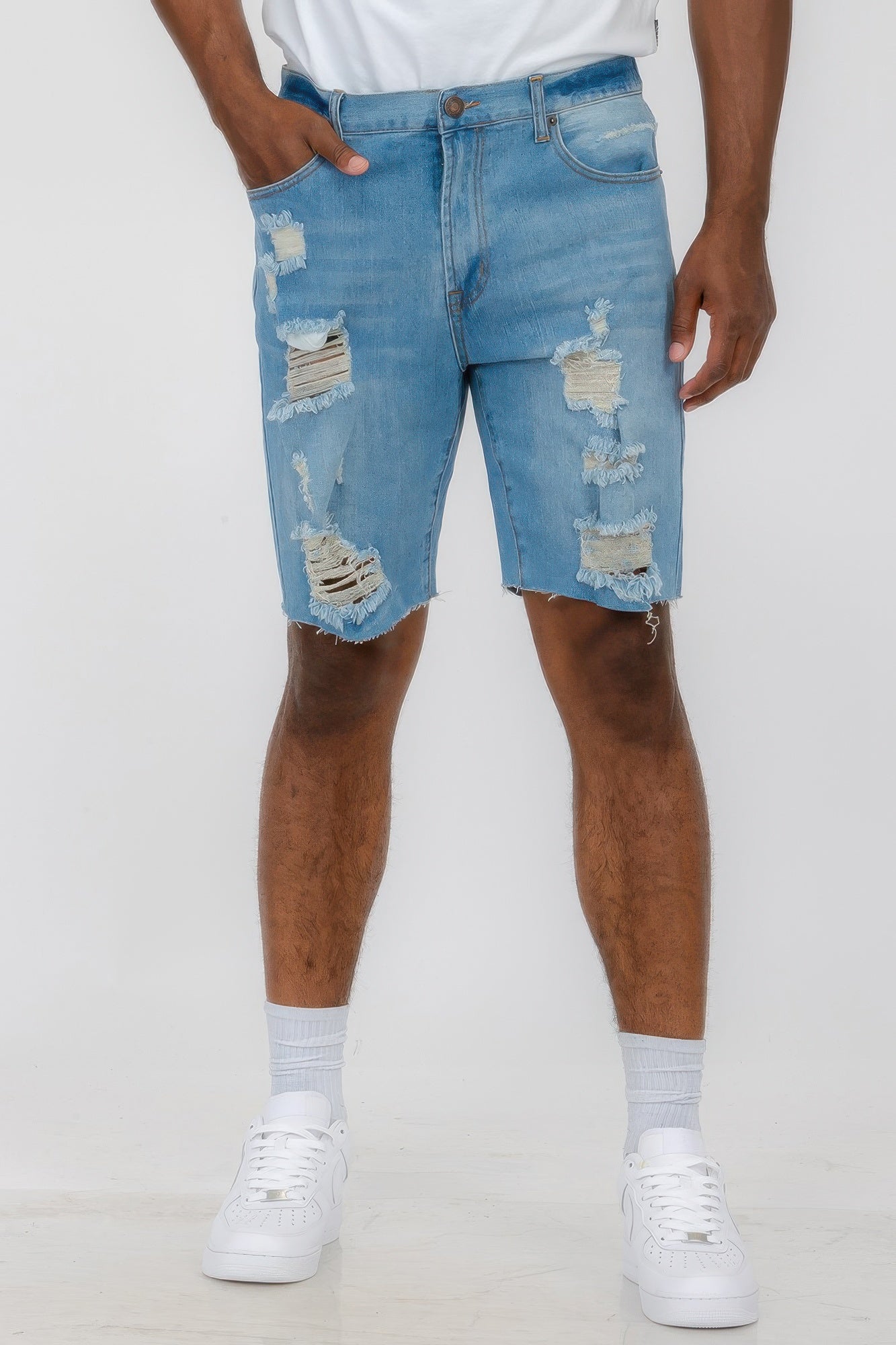 Distressed Stretch Denim Shorts Light Blue