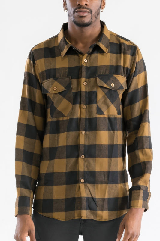 Checkered Long Sleeve Flannel Shirt Brown Khaki