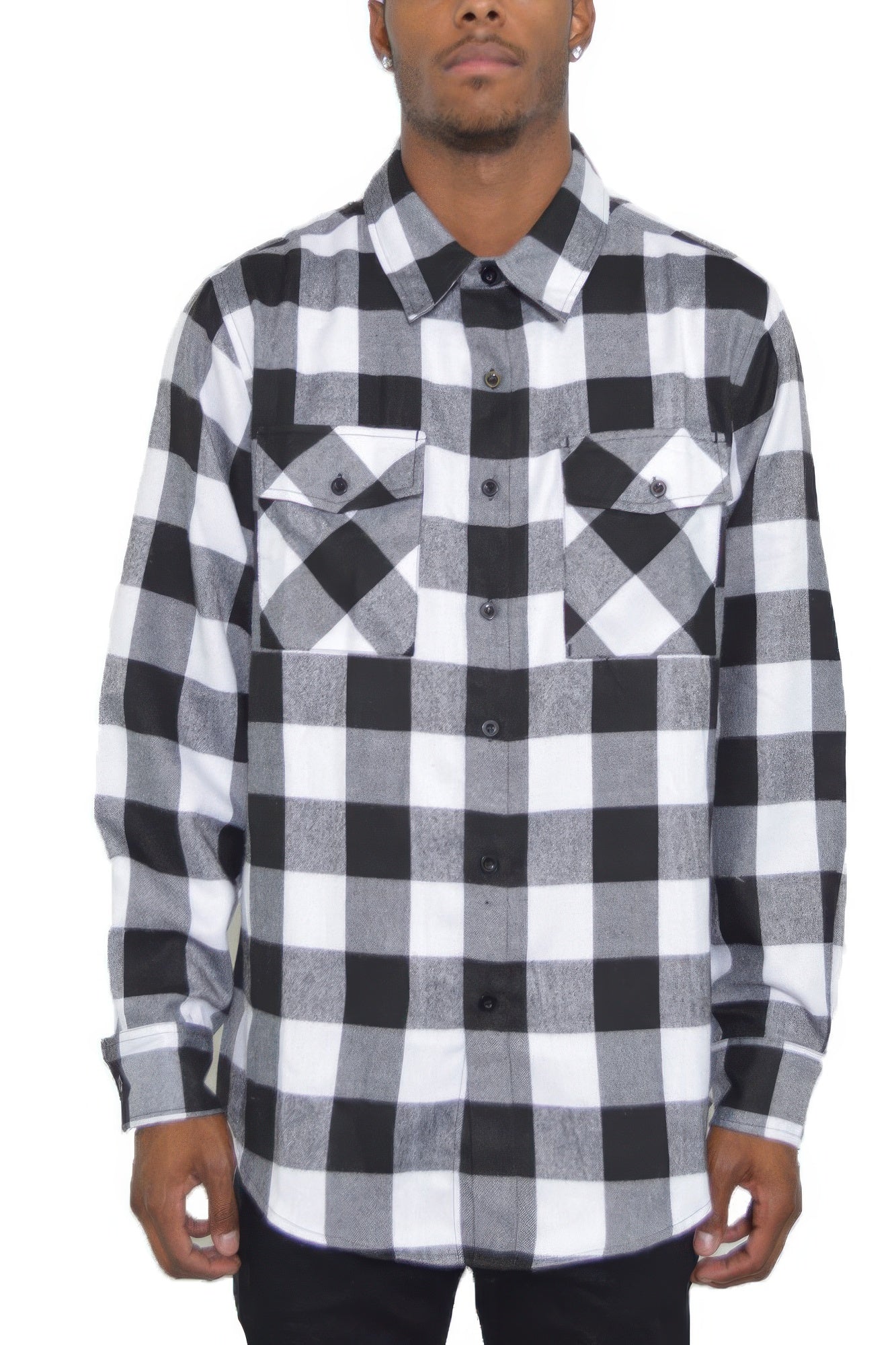 Checkered Long Sleeve Flannel Shirt White Black
