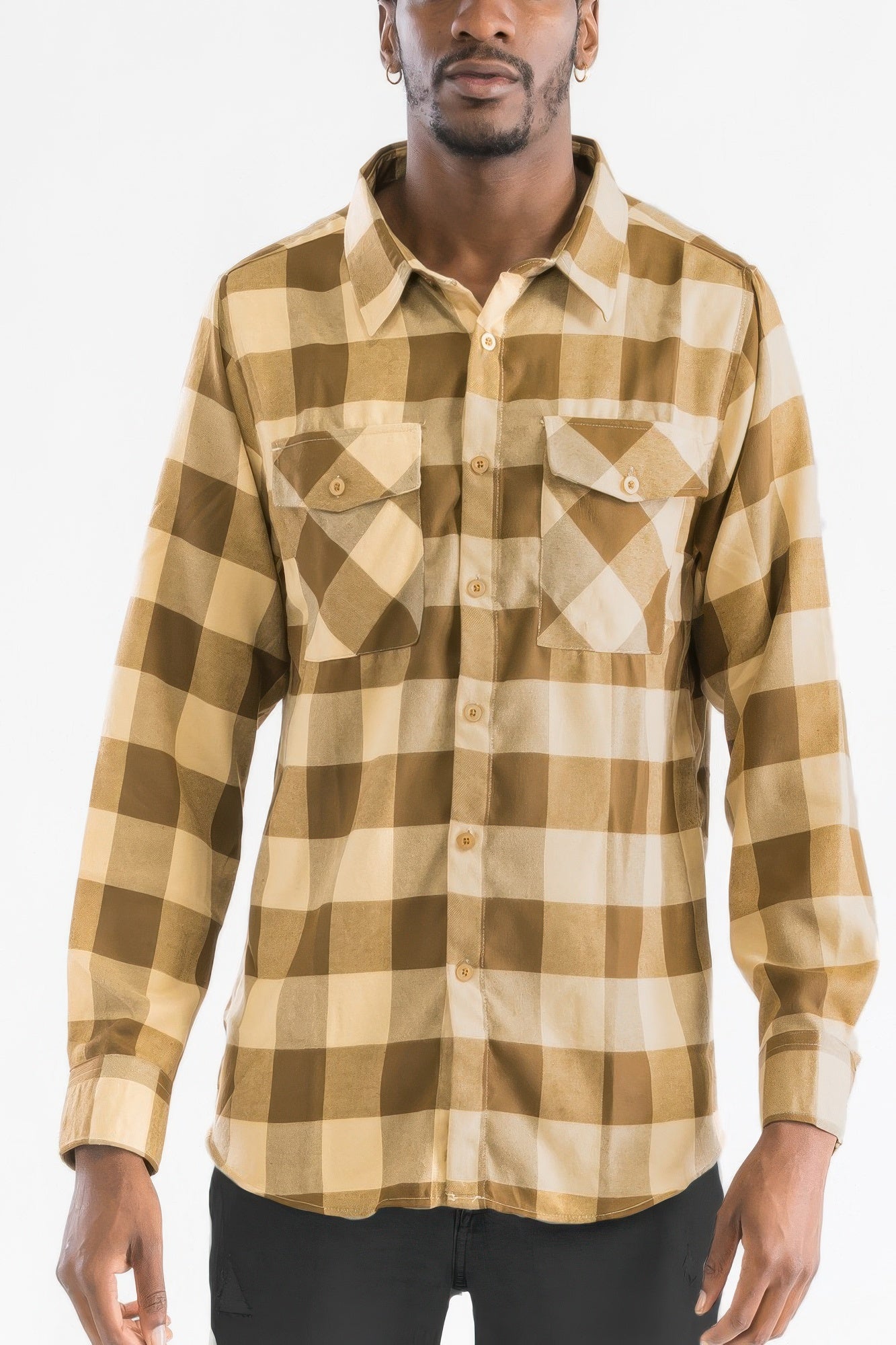 Checkered Long Sleeve Flannel Shirt Khaki Brown